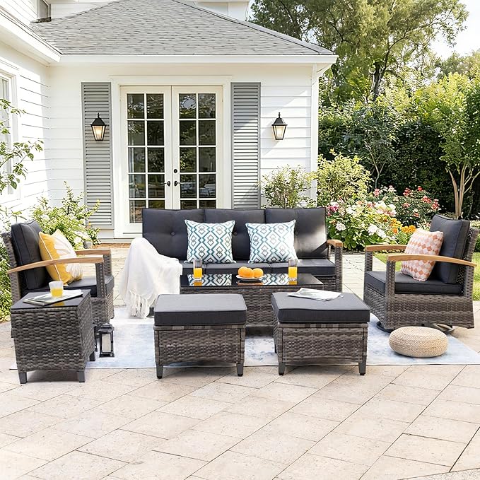 MEISSALIVVE 7 Pieces Patio Furniture Sets,Wicker Patio Conversation Sets with 2 Wood Armrests Swivel Glide Chairs, 2 Ottoman, 3-seat Sofa and Coffee Table (Grey)