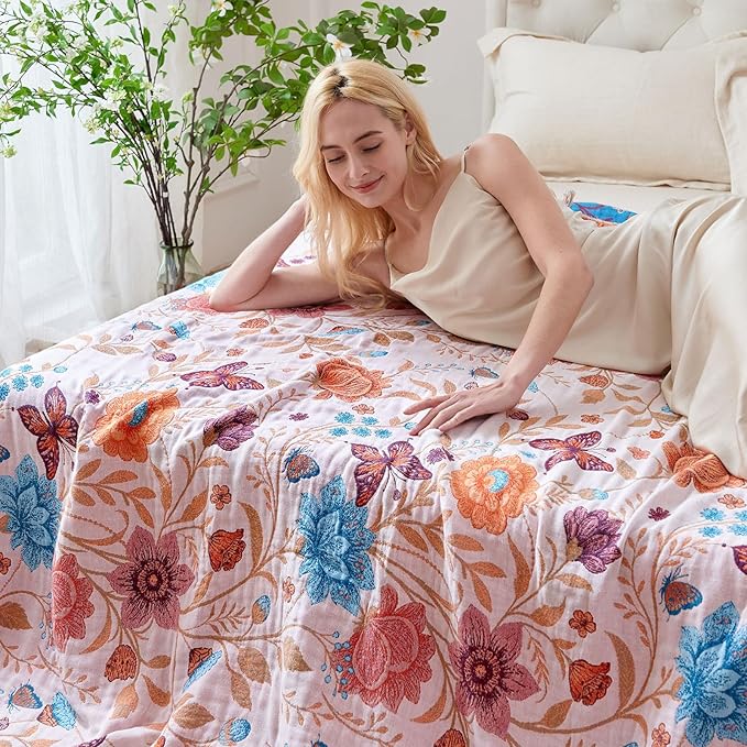 Boho Throw Blanket - 100% Cotton Ultra Soft Muslin Blanket, 60"x80" Lightweight Floral Butterfly Framhouse Bedding Spring Blanket for Bed, All Season Beige Bohemian Bedroom Home Decor Quilt