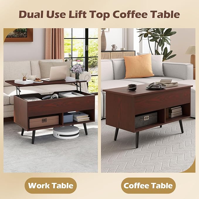 Giantex Lift Top Coffee Table, Modern Cocktail Table w/Hidden Compartment & 2 Open Shelves, Flip Top Center Table, Wooden Pull up Coffee Table for Living Room, Reception Room, Office (Walnut)