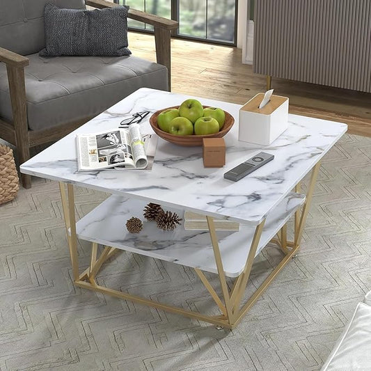 Elephance Square Coffee Table for Living Room, 31.5 Inch Modern Coffee Table with Storage, 2-Tier White and Gold, Wooden Tabletop-Marble White with Gold Frame