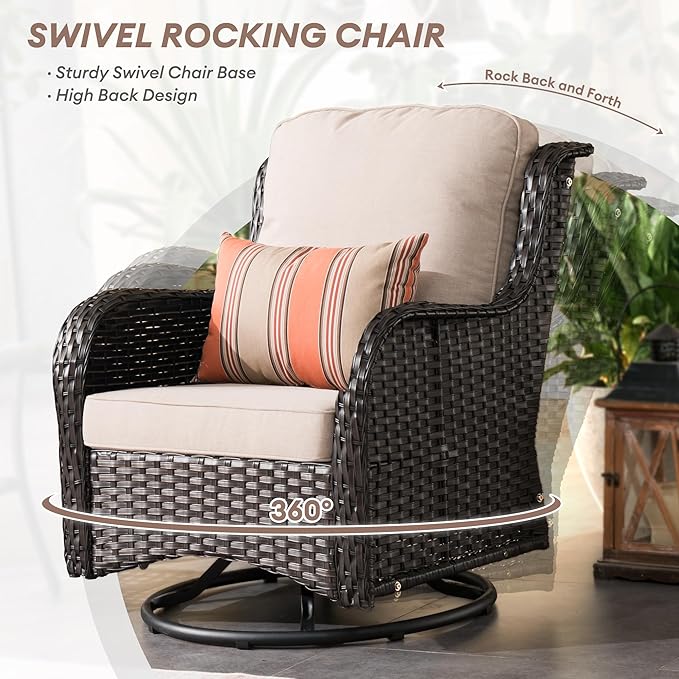 HOOOWOOO Patio Outdoor Furniture with Large Fire Pit Table,High Back 6 Piece Wicker Patio Conversation Set with Swivel Chairs,7 Person Couch Sofa Seating,Beige