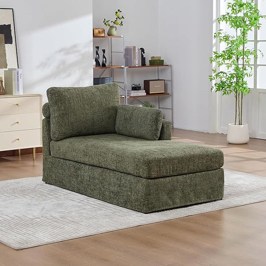 KEIKI 60" Chaise Lounge Chair Indoor, Modern Deep Seat Sofa Bed, Corduroy Couch with Cushions, Single Sleeper Chair for Living Room, Bedroom, Apartments, Green (Right Side)