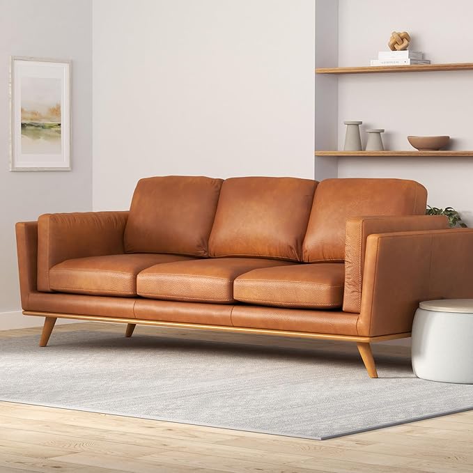 Poly & BARK Cadiz 90" Sofa – Saddle Tan Full-Grain Pure-Aniline Italian Leather, Feather-Down Cushions, Solid Rubberwood Base & Legs - Saddle Tan