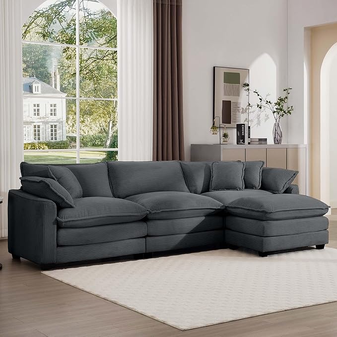 KEIKI 115" L-Shaped Oversized Corduroy Modular Sectional Sofa with 1 Ottoman, High-Density Foam Cushions, Removable Armrests, Upholstered 3-Seater Corner Couch with 5 Pillow, for Living Room, Grey
