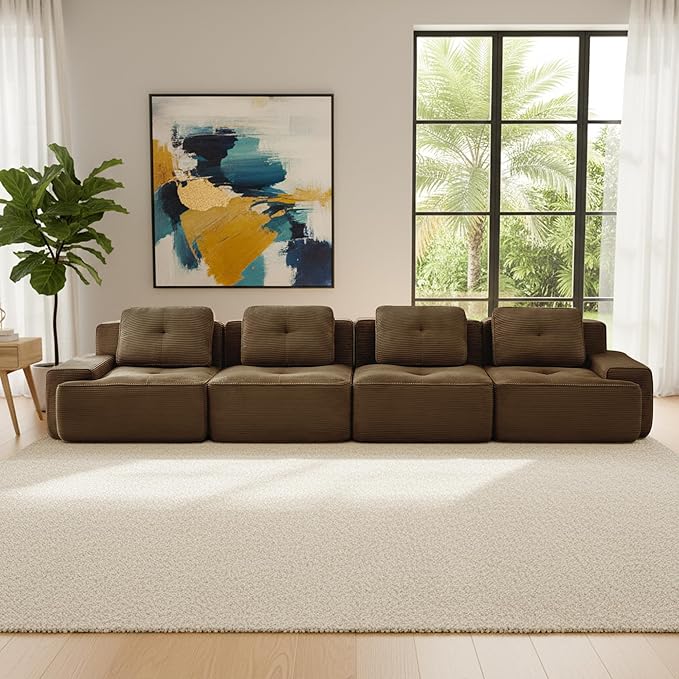 Casaphoria 150'' Brown Corduroy Cloud Couch, 4-Seater Boneless Sectional Sofa with 4 Pillows for Living Room, Deep Seat Sofa, No Assembly Required
