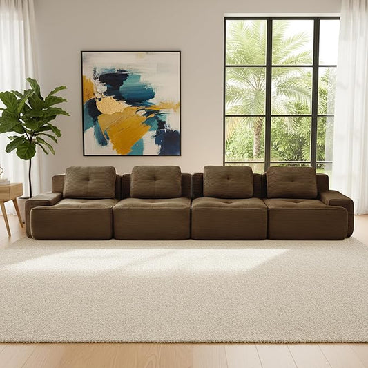 Casaphoria 150'' Brown Corduroy Cloud Couch, 4-Seater Boneless Sectional Sofa with 4 Pillows for Living Room, Deep Seat Sofa, No Assembly Required