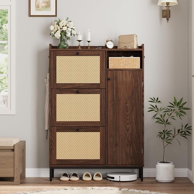 GarveeHome Shoe Cabinet Rattan with 3 Flip Drawers and 4-Tier Shoe Storage Cabinet, Freestanding Shoe Organizer with Adjustable Shelves for Entryway, Closet, Hallway - Image 7