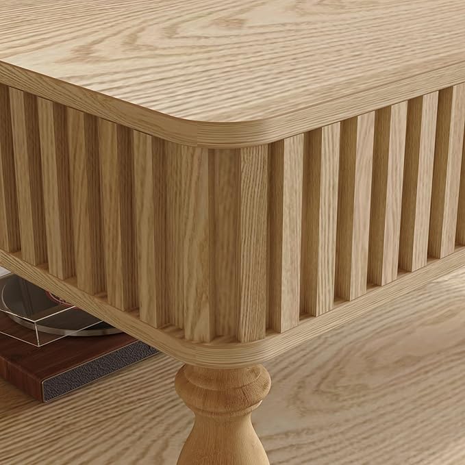 31.5" Square Lift Top Coffee Table with Storage Modern Fluted Coffee Tables with Lifting Top, Farmhouse Solid Wood Center Table with Table Legs for Living Room, Apartment or Office (Natural)
