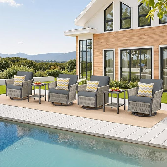 6 Piece Wicker Patio Furniture Set with Side Table, Outdoor Swivel Rocker Chairs Set of 4 with Glass Side Tables Set of 2, Patio Conversation Set for Casual Gathering (Grey)