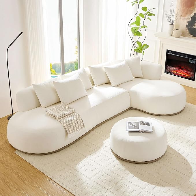 KEIKI 135" L-Shaped Oversized Boucle Sectional Sofa with Right Chaise, Modern 5-Seater Polyester Curved Couch with PU Leather Base, 1 Ottoman & 6 Pillows, No Assembly Required, for Living Room, Beige