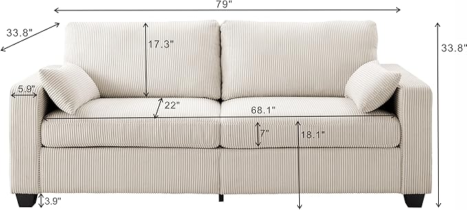 79" Modern Cloud Sofas for Living Room Bedroom, 2 Seat Modular Couch Soft Corduroy Upholstered Loveseat Couches with Toss Pillows for Home Apartment Office Studio