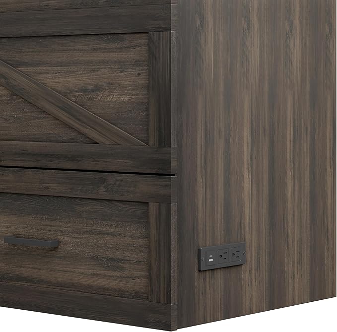 Bellemave Queen Murphy Bedframe, Cabinet Bed with Charging Station and Storage, Farmhouse Murphy Cabinet with Foldable Panel, Noisy Free, for Guest Bedroom, Living Room, Office, Rustic Gray