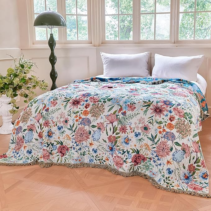 Boho Throw Blanket - 100% Cotton Ultra Soft Muslin Blanket, 60"x80" Lightweight Floral Framhouse Bedding Spring Blanket for Bed, All Season Blue Bohemian Bedroom Home Decor Quilt