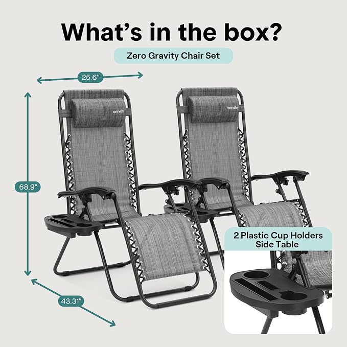 SereneLife Zero Gravity Chairs Set of 2 - Adjustable Steel Mesh Lawn Chairs - Outdoor Lounge Chairs with Detachable Cup Holder Tray - Foldable Outdoor Chair with Removable Pillows - Grey - Image 2