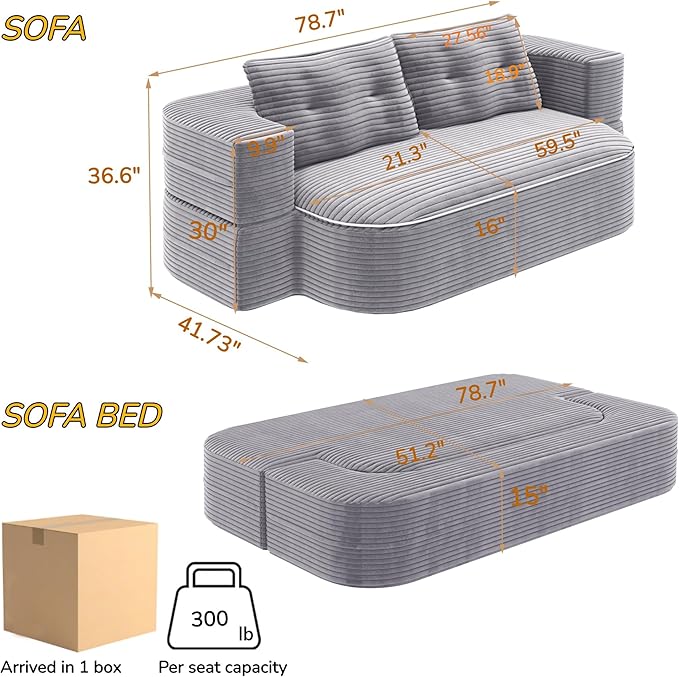 78.7" Convertible Sofa Bed, 2-in-1 Folding Floor Couch with 2 Pillows and Blanket, Plush Corduroy Fabric Sleeper Sofa for Living Room and Bedroom, No Assembly Required (Light Grey)
