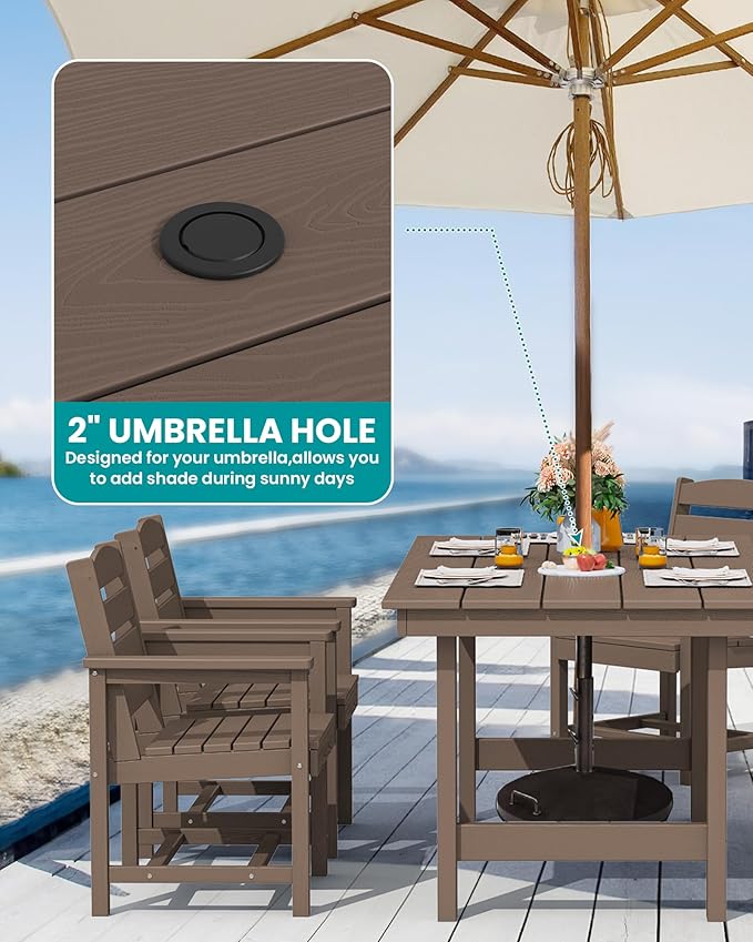 SERWALL Outdoor Dining Set for 6, HDPE Furniture Set with Umbrella Hole, All Weather Bench & Chairs, Coffee Table - Image 2