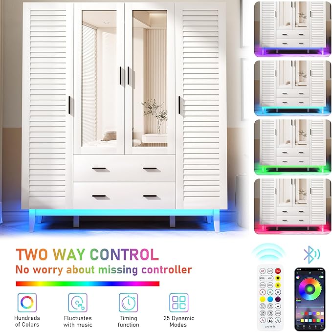 Hlivelood 4 Door Armoire Wardrobe Closet Cabinet with Drawers and LED Lights, Multi-Tier Shelves, Hanging Rod & 4 Louver Doors, Large Capacity Storage Wardrobe Armoire for Bedroom, White