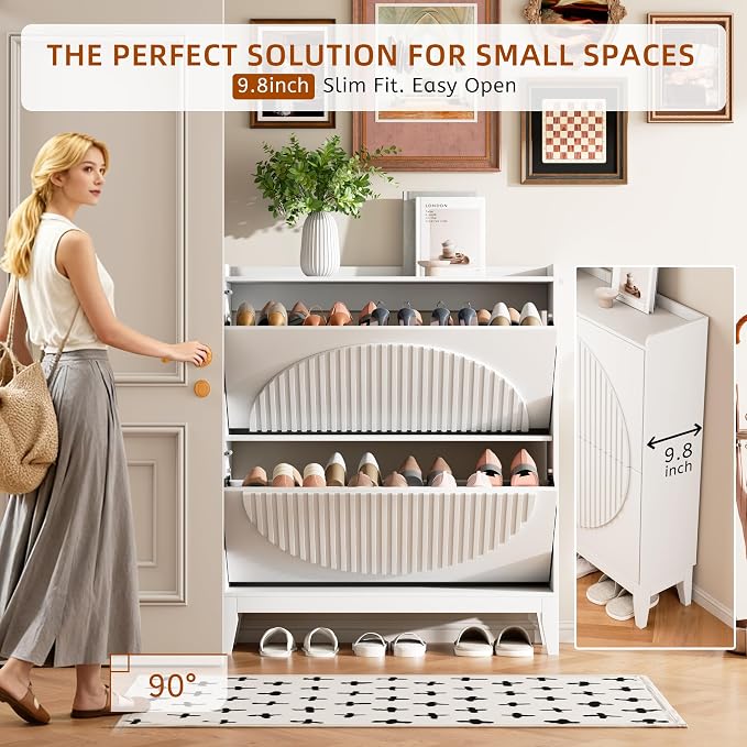 Vlsrka Shoe Cabinet Storage for Entryway with 2 Flip Drawers, Narrow Wooden Shoe Cabinet, Outdoor Hidden Shoe Storage for Entryway, Garage, Foyer, Hallway, Living Room - Image 3