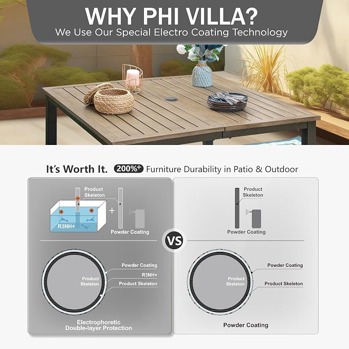 PHI VILLA Outdoor Patio Table, Square Metal Steel Slat Table with 1.57”- 1.9” Adjustable Umbrella Hole, Weather-Resistant Outdoor Dining Table for Garden Deck, 42" x 42" x 28.7", Brown - Image 6