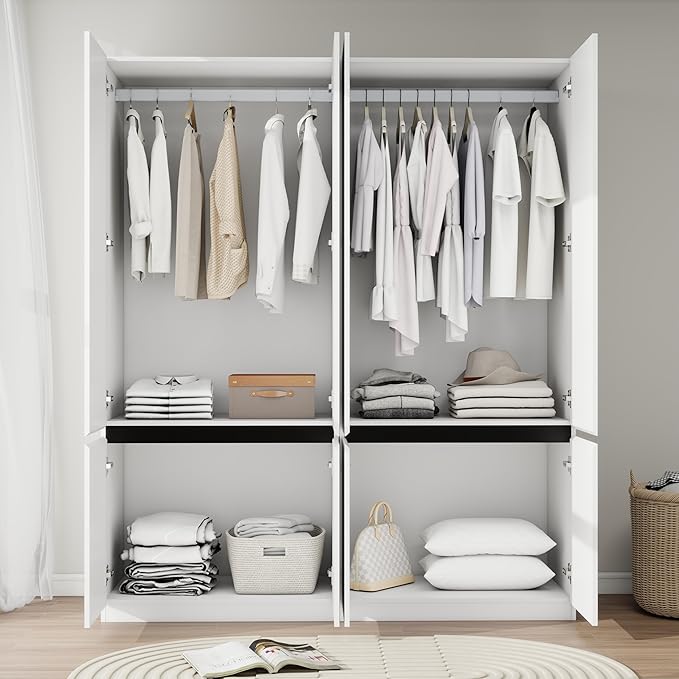 Bedroom Armoire Wardrobe Closet with 4 Doors: 75" White Wardrobe Cabinet for Clothes, Wooden Closet with Hanging Rod, Modern Armoire with Shelves (2)