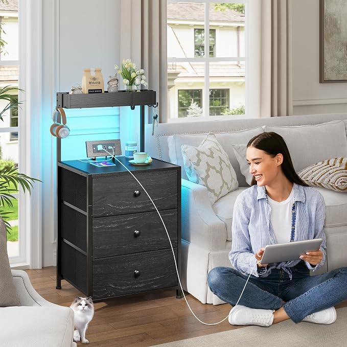 EnHomee Tall Night Stand Set of 2, Nightstand with Charging Station and Led Nightstand with 3 Drawers, Bedside Table with Drawers and Outlets, for Bedroom,Entryway, Hallway, 4 Hooks, Black - Image 2