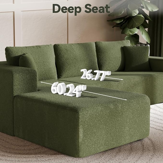 106" Modular Sectional Sofa, Green Wool Cloud Couch with Right Chaise, Deep Seat Boneless Floor Sofa for Living Room, High-Resilience Foam Support, No Assembly Required, Includes Pillows | Sectional Sofa, Corduroy Cloud, Boneless, High-Resilience, No A...