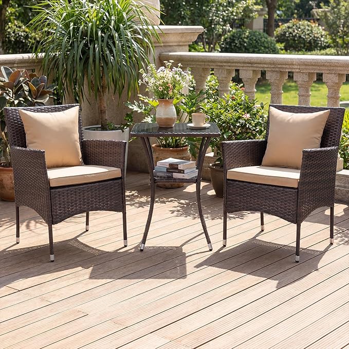 Tangkula 3 Pieces Patio Wicker Bistro Set, 2 Rattan Chairs w/ 2-Tier Tempered Glass Table, Outdoor Conversation Furniture Set with Cushions for Backyard, Porch, Poolside (Mix Brown+Beige)