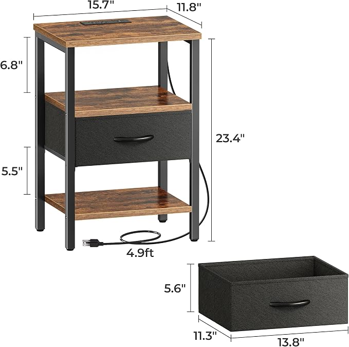 SUPERJARE Nightstand Set of 2, Bed Side Tables with Charging Station, Adjustable Fabric Drawer, Night Stand for Bedroom, 3-Tier Storage End Tables, for Living Room, Rustic Brown and Black - Image 3