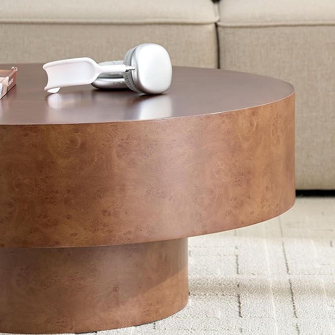 Round Coffee Table for Living Room,31.49" Faux Burl Wood Pattern Center Table with Sturdy Pedestal, Rustic Round Wood Coffee Table for Small Space Apartment Office,Easy Assembly (Walnut)