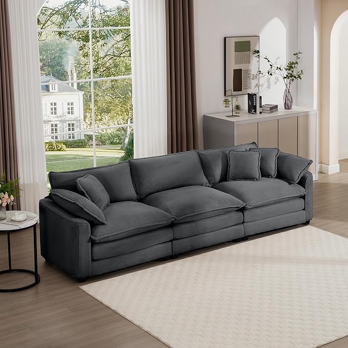 KEIKI 115" Oversized Corduroy Modular Sectional Cloud Sofa with High-Density Foam Cushions, Removable Armrests, Upholstered Modern 3-Seater Fluffy Corner Couch with 5 Pillow, for Living Room, Grey