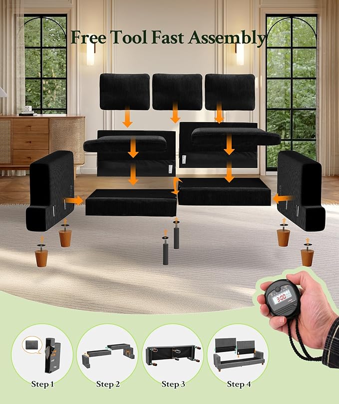 87.2" Couches for Living Room, Comfy Black Couch 7.5" Extra Thick Cushion, Sofas for Living Room Tool-Free Setup, Loveseat Sofa 848lbs Support, Corduroy Couch for Bedroom, Apartment, Office