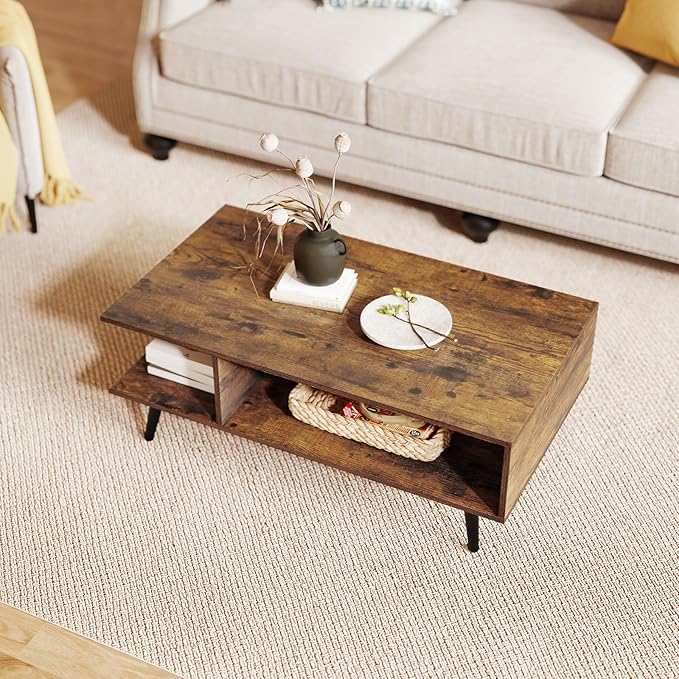 GOFLAME Wood Coffee Table, 2-Tier Mid Century Modern Center Table with 2 Open Storage Compartments & Metal Legs, Rectangular Accent Tea Tables for Living Room, Home Office, Apartment, Rustic Brown