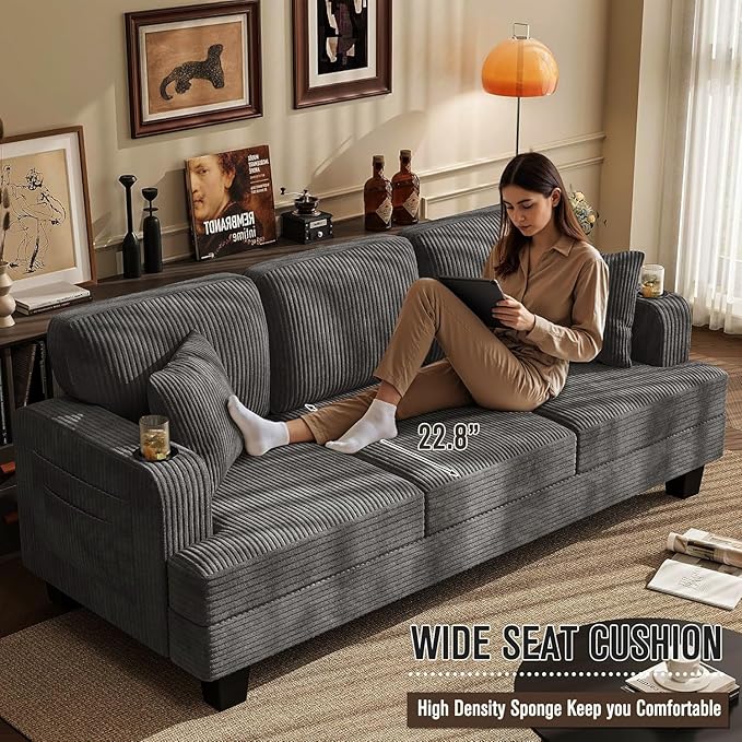 Homall Couches for Living Room, 83" Couch with Soft Deep Seats, Modern Sofa 3 Seater in Corduroy for Apartment, Bedroom (Charcoal Gray)