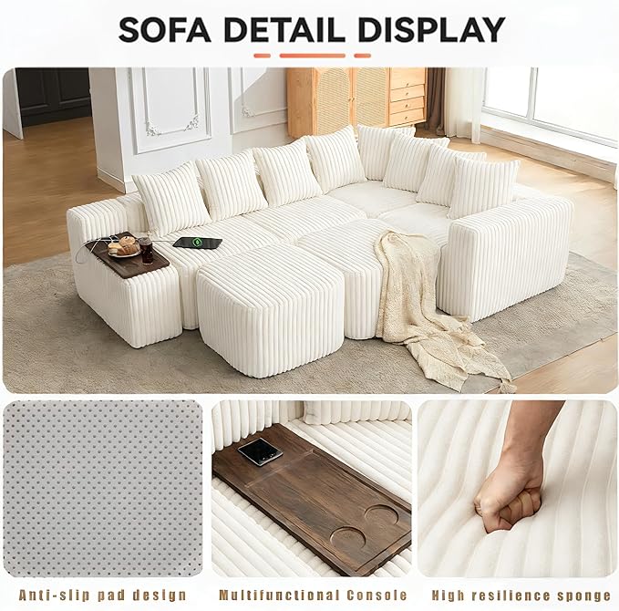 Oversized Cloud Modular Sectional Sofa Boneless Couch with Movable Ottomans,Free Combination Memory Foam Floor Couch with Charging Port & Cup Holders for Living Room | Coffee Table Board, Wireless Charge, No Assembly
