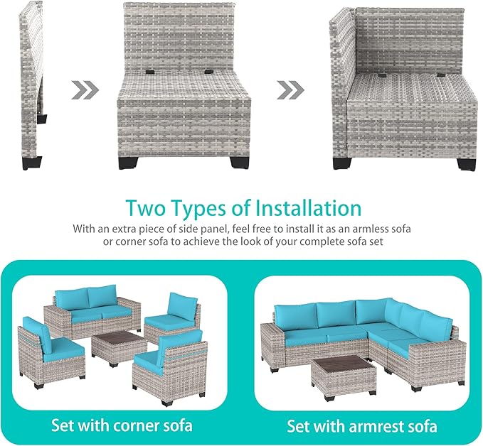 12-Piece Outdoor Patio Furniture Set Wicker Sectional Sofa Set, Patio Conversation Set with Thickened Cushions & Coffee Table for Garden, Backyard, Poolside, Turquoise