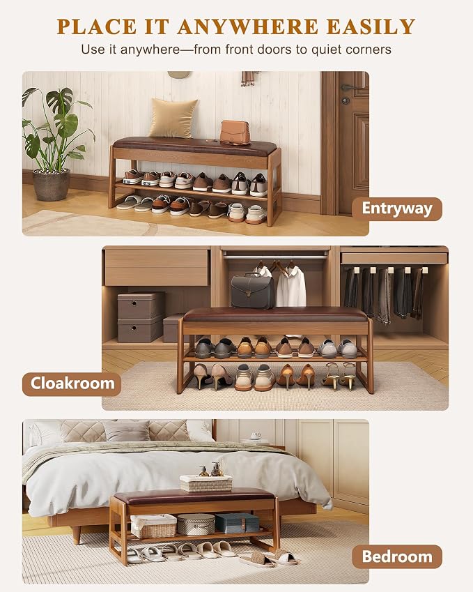 Shoe Rack Bench with Hidden Storage, 2-Tier Solid Rubberwood Entryway Bench with Soft Leather Cushioned Seat & Flip-Top Storage, 330lbs Capacity, Wooden Shoe Organizer for Hallway, Closet, Foyer - Image 9