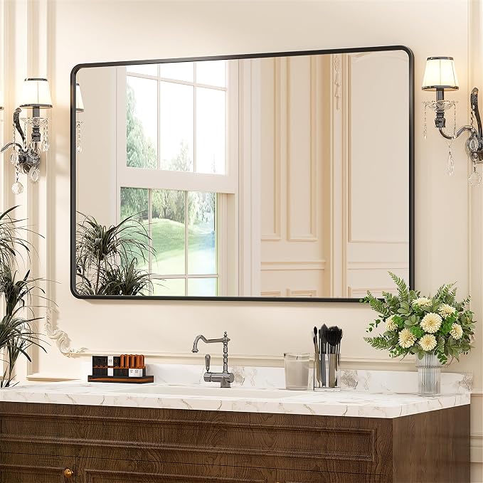 Antok Bathroom Mirror, 48"x30" Wall Mirror, Decorative Mirrors Vanity Mirror Aluminum Alloy Frame Contemporary Rectangular Hanging Mirror for Living Room Bathroom Entryway,Black,Round Corner by AntokMirror