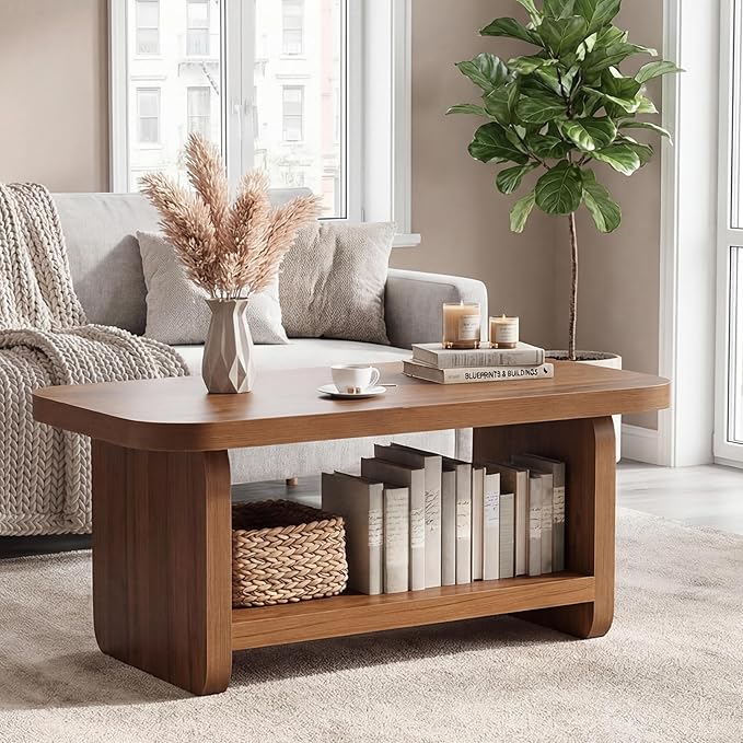 LITTLE TREE Wooden Coffee Table, 47.2" Center Table with Storage, Modern Farmhouse Rectangle Living Room Tables with Rounded Corners for Living Room, Bedroom, Kids Room, Home Office, Brown