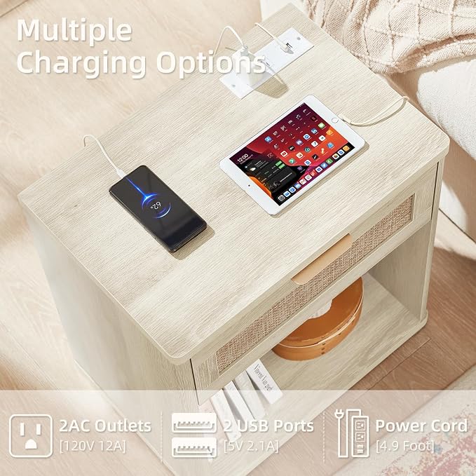 LEYAOYAO Rattan Nightstand with Charging Station, 23" Wide Boho Night Stand with Drawer, Grey White Bedside Table Open Storage Cabinet, Bed Side End Tables Dresser for Bedroom, Living Room, Hallway - Image 5