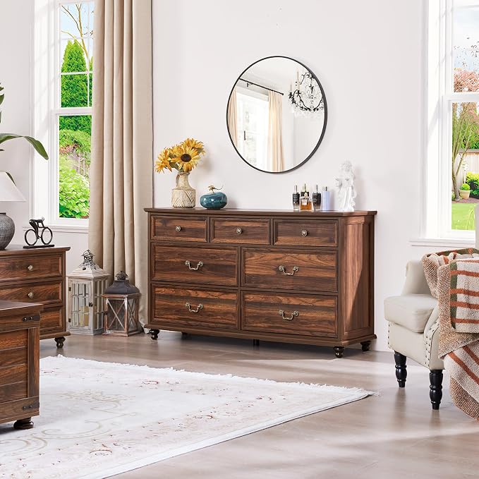 Joaxswe Farmhouse 7 Drawers Dresser for Bedroom, Brown 54 Inch Wide Chest of Drawers w/ 4 Wooden Legs, Large Vintage Rustic Closet Dressers for Living Room, Wood TV Stand with Storage Organizer - Image 8