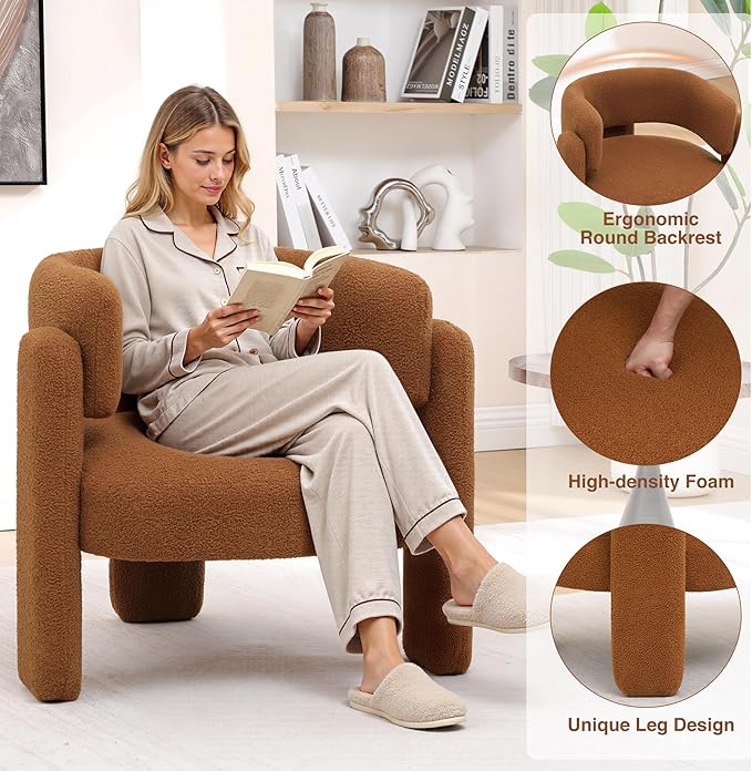 Accent Chair for Living Room, Modern Sherpa Barrel Chair, Upholstered Living Room Chairs with 3 Legs, Comfy Armchair Reading Side Chair for Bedroom, Office, Apartment, Brown