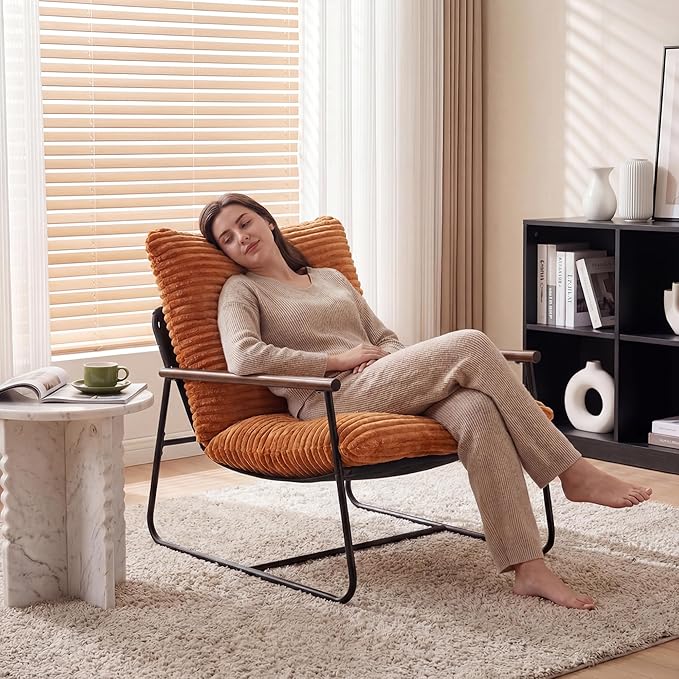COSIEST Accent Chair for Living Room, Modern Armchair with Wood Arms, Retro Ribbed Upholstered Lounge Chair with Black Metal Frame, Comfy Reading Chair for Bedroom, Office, Brown