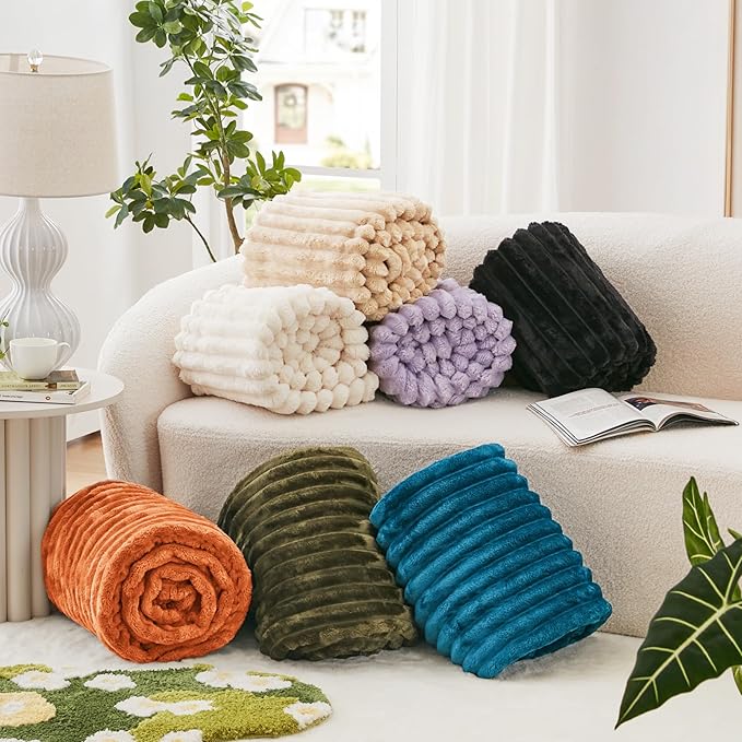 EXQ Home Fleece Throw Blanket for Couch or Bed - 3D Stripe Jacquard Decorative Blankets - Cozy Soft Lightweight Fuzzy Flannel Blanket Suitable for All Seasons(50"??60",Camel)