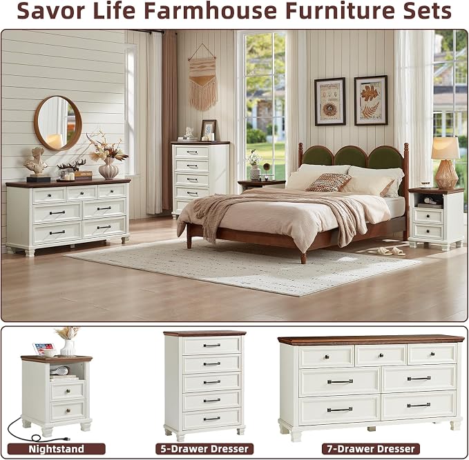 SAVOR LIFE Farmhouse Side Table with Charging Station, Antique Nightstands with Drawers, Bedside Table with Open Shelf for Bedroom, White - Image 8