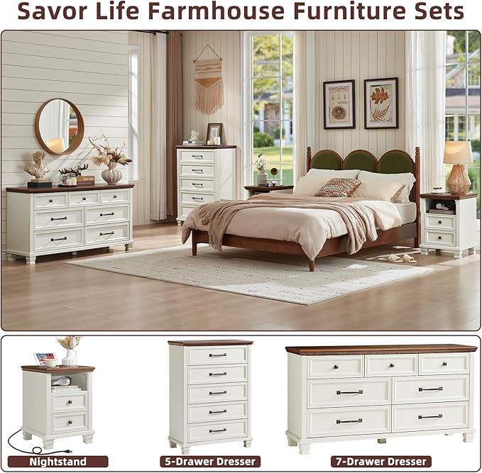 SAVOR LIFE Farmhouse Dresser and Nightstand Sets 3 Piece, 5/7 Drawer Dresser & 2 Drawer Nightstand Set, Rustic Wood Bedroom Furniture Set for Home, Bedroom, Hallway, White