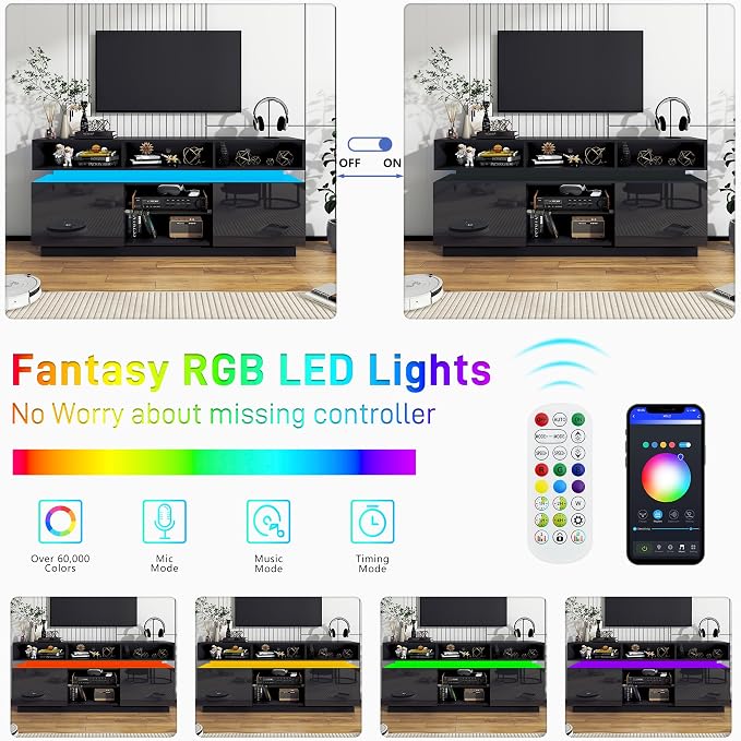 chartustriable LED TV Stand for 75 Inch TV, Modern Tall Entertainment Center with Power Outlets, High Gloss TV Stand, Gaming TV Media Console with Glass Shelf for Living Room, 63 Inch, Black - Image 4