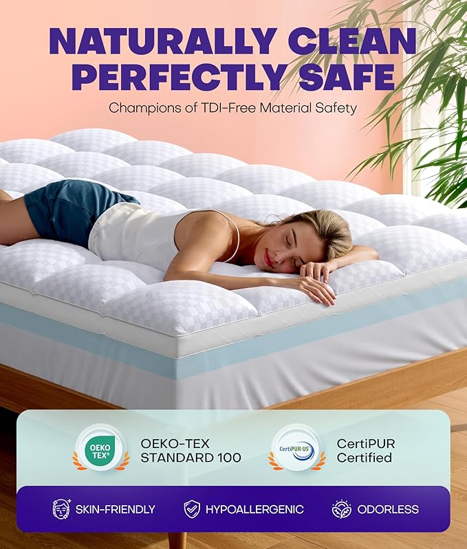 Dual Layer 4 Inch Memory Foam Mattress Topper for Pressure Relief with 4X Support, 2" Fluffy Pillow Top King Mattress Topper 50% Viscose Made from Bamboo Plus 2" Cooling Gel Memory Foam Mattress Pad