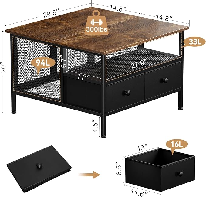 FABATO Flip Top Coffee Table, Square Coffee Tables Metal Wood, Farmhouse Lift Up Coffee Table Cocktail Table with Wire Mesh Barn Door and Storage, Steel Frame, Small Tea Table for Living Room, Black