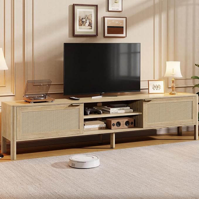 IKALIFE Rattan TV Stand for Living Room - Fits up to 65 Inch TVs, Rattan Media Console Table with Adjustable Shelves & 2 Storage Cabinets, Mid-Century Modern Entertainment Center, Oak 58" by IKALIFE