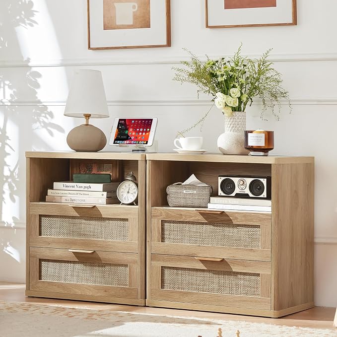 LEYAOYAO Rattan Nightstands Set of 2 with Charger Station, 23" Wide Boho Night Stand with 2 Drawers, Natural Wood Bedside Table Open Shlef, Bed Side End Table Dresser for Bedroom, Living Room Hallway - Image 4